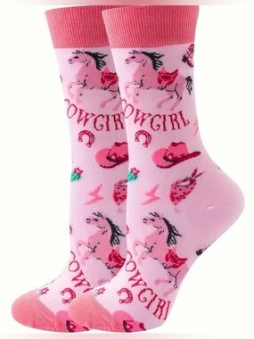Pink Cowgirl Motif Crew Socks Western Socks Horse Socks
